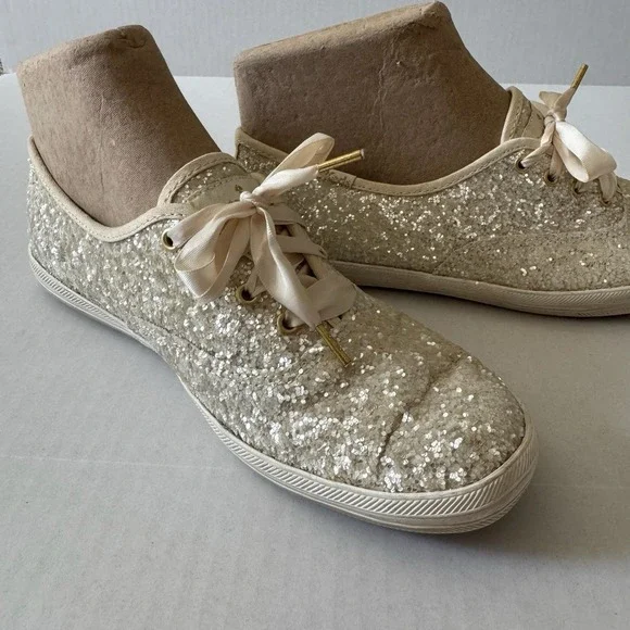 Kate Spade White Sparkle Keds 8.5 Ribbon Laces Bridal Wedding Bride Bling - Picture 5 of 11